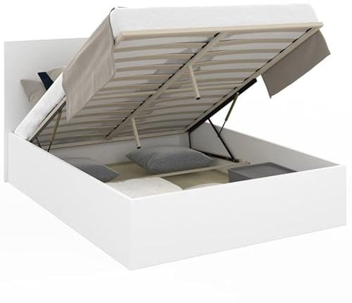 IDMarket - Lit Coffre Double Seaside avec tête de lit et sommier 140 x 190 cm Blanc
