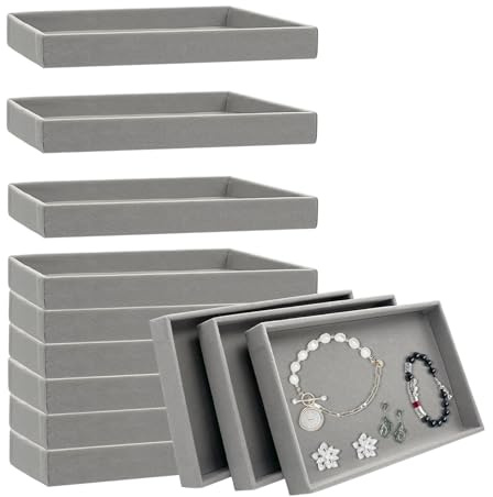 YEXEXINM 12pcs Stück Samt Schmucktablett, Premium stapelbare Schmuck Schubladen Organizer Tabletts, Schmuck Speicher Display Tabletts für Halskette Ohrring Ring Armband, grau (1 Gitter)