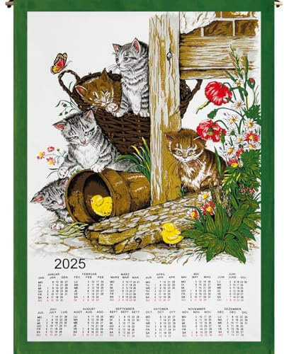 Stoffkalender Wandkalender, diverse Motive, 45 x 65 cm, Baumwolle, inkl Stab und Kordel (0867-Katzen 2025)