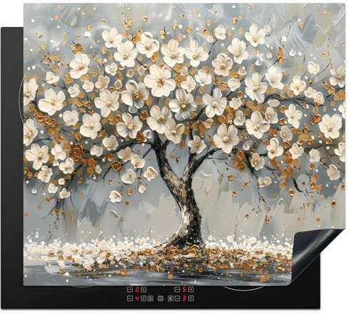 KitchenYeah© Herdabdeckplatte Einteilig Ceranfeld Abdeckplatte Küche Deko | 59x52 cm - Ceranfeldabdeckung Herdabdeckung Induktionsmatte Baum des Lebens - Gold - Weiß