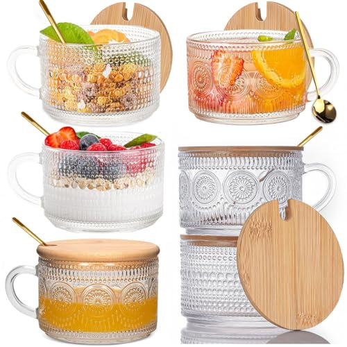 Juego de 6 tazas de café de vidrio vintage con tapas y cucharas de bambú, tazas de té de vidrio transparente en relieve de 15 onzas, accesorios ideales para café con leche, té, café helado, regalos de