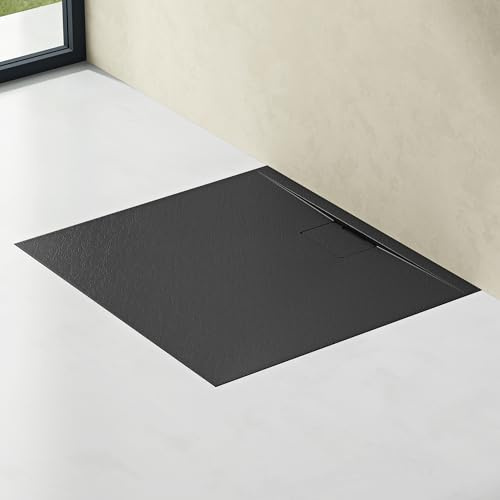 doporro Duschtasse 100x120x3 aus Mineralguss in Anthrazit Ablaufgarnitur | Flache Duschwanne für bodenebene Montage mit DIN-Anschlüssen – stabil & pflegeleicht für moderne Duschen Geoma07 AL06