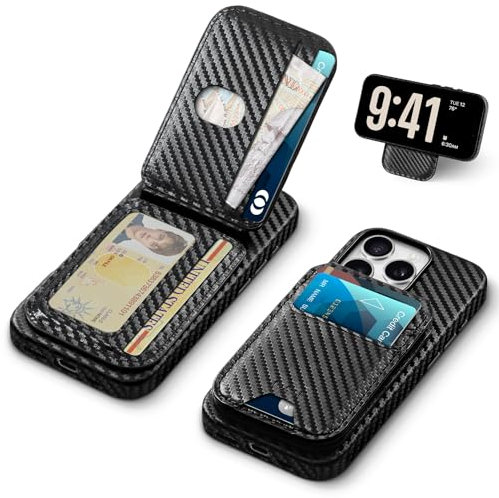 TUCCH Hülle für iPhone 16 Pro [5 Kartenhalter + Abnehmbare Lederhülle + Verstellbarer Magnetständer][3in1] [Kabelloses Laden] [RFID-Blockierung] Handytasche für iPhone 16 Pro 6,3, Schwarze Kohlefaser