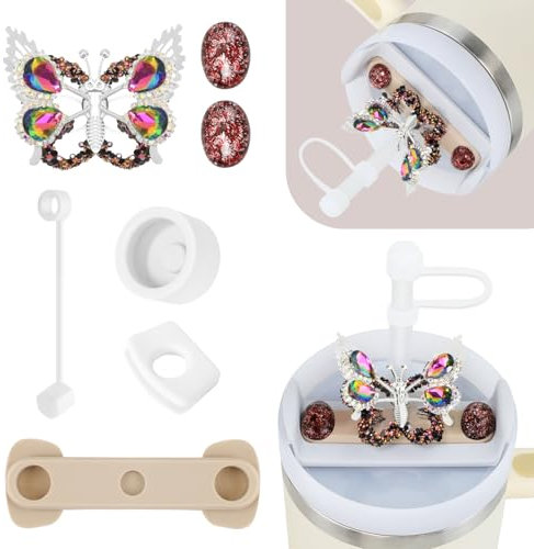 Stanley Tassen-Zubehör-Set, inklusive 1 Strohhalm-Abdeckung, 1 Silikonstück, 2 x Auslaufstopper, 3 glitzernde Dekorationen, kompatibel mit Stanley Cup 1,2 l H2.0, Weihnachtsgeschenke (Schmetterling)