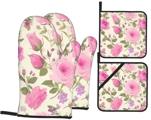 YYHHAOFA Pink Roses - Juego de cuatro piezas para hornear de cocina, guantes de horno aislados y soportes para ollas gruesos y duraderos