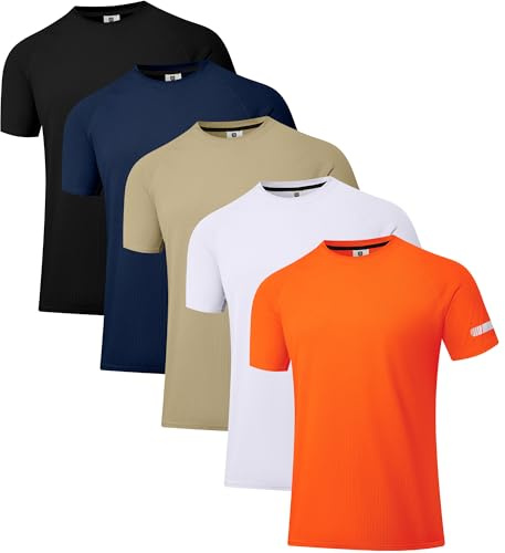 Mäns workout löpartröjor UPF 50+ solskydd Rash Guard T-shirts Quick Dry SPF UV Swim kortärmad skjortor, 5-pack svart/marin/kaki/vit/orange, L