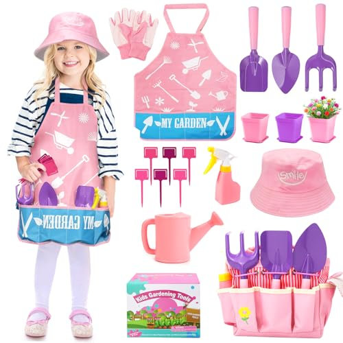 Kids Gardening Tools Set Age 3+,Garden Set for kids include Rake,Fork,Trowel, Hat ,Watering Can,Gloves,Tote Bag,Plant pots, Spring Summer Toy Outdoor Gift for Toddler Boy Girl