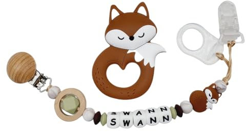 Attache tétine sucette personnalisée/prénom/bébé naissance cadeau, modèle renard silicone (Attache + Porte Clés)