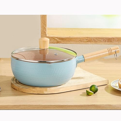 NNYCC Ceramic Nonstick Saucepan Ceramic Milk Pan with Glass Lid Induction Cooking Pot with Wood Handle Dishwasher Safe,Blue,20cm