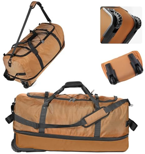 YHYEH 32 Reisetasche mit Weichen Seiten, Faltbar und mit Rollen, Erweiterbar von 110L auf 140L, Rolltasche mit 2 Rollen und Mehreren Taschen,Braun