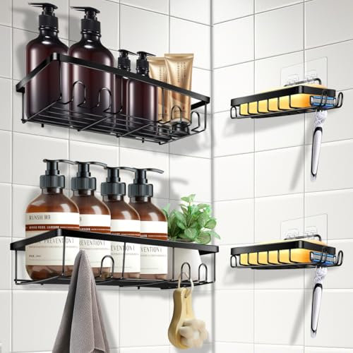 GOUNNU Étagère de Douche sans Percage 4 Pièces Rangement et Organisation de la Salle de Bain, Rangement Douche pour Salle pour Chambres et Cuisines, Etagere Douche avec Crochets, Porte Savon Douche