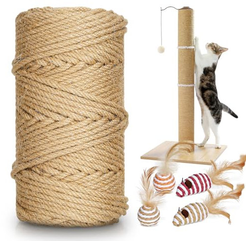 50m Cat Scratching Sisal Rope, 6mm Thick Natural Jute Rope for Scratch Posts with 4 Cat Toys