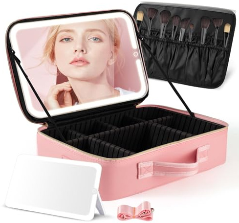 Trousse de maquillage de voyage avec miroir LED, grand organisateur de maquillage de voyage avec miroir sur pied amovible, trousse de maquillage avec miroir éclairé, 3 réglages de couleur, boîte de