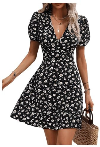 GORGLITTER Women's Floral A Line Flared Flowy Mini Dresses V Neck Puff Short Sleeve High Waist Beach Dress Black Large