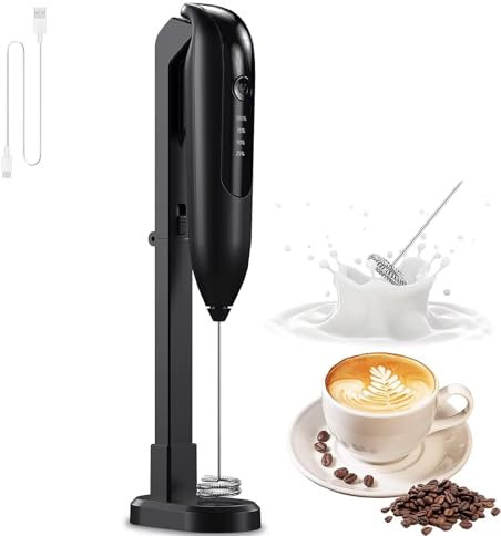 Rechargeable Milk frother Handheld with Foldable Integrated Charging Stand-Mixer with Double Layer Head-Electric Whisk Foam Maker for Coffee, Lattes, Cappuccino,Matcha, Hot Chocolate Tea with Milk.
