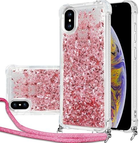 Hovisi Handykette Hülle für iPhone XS Max mit Band, Glitzer Treibsand Handyhülle mit Band, Schutzhülle mit Kordel zum Umhängen, Necklace Case für iPhone XS max Hülle Quicksand Glitzer