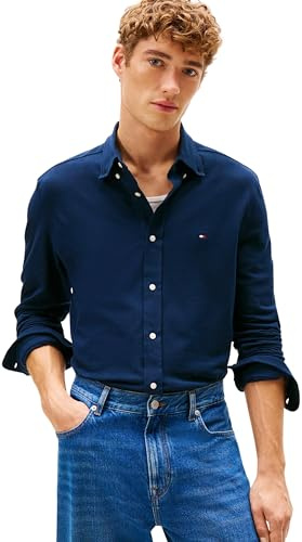Tommy Hilfiger Chemise Poids Plume piqué en Tricot pour Homme MW0MW41690 L/S, Bleu, M, Bleu Marine foncé, M