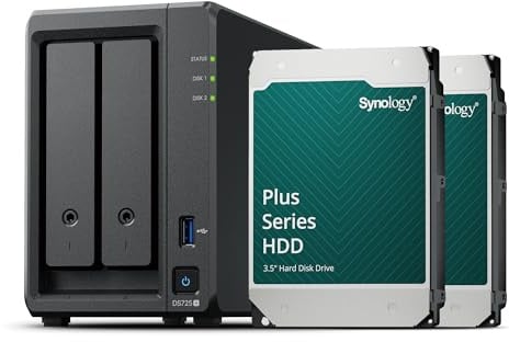 Synology DS725+ Station de Disque NAS 2 Baies (AMD Ryzen 4 Threads R1600 Dual-Core 4 Go de RAM 2 x RJ-45 1 GbE Port LAN), 8 to avec 2 x HAT3300-4T