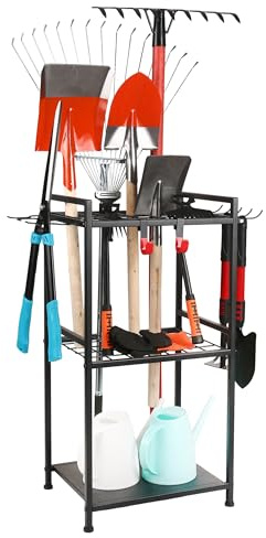 MHHO-WG Gartengeräte Ständer,Pulverbeschichteter Stahl Gartenwerkzeug Organizer,Matt-Schwarz Gartengeräte aufbewahrung sregal mit 35 Schlitzen&11 Haken,Besenhalter für Garten,Garage,Schuppen & Outdoor