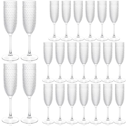HFZCV 24 Stück Sektgläser Plastik, 160ml Vintage Mehrweg Champagnergläser mit Diamantmuster, Unkaputtbare Weingläser für Hochzeit, Gartenparty, Picknick, Party (Transparent)