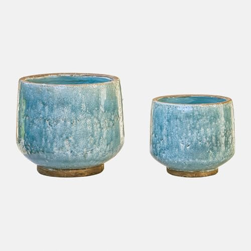 Loberon Mavoreta Lot de 2 Cache-Pots - Terre Cuite à l’émaillage craquelé - on croirait de véritables poteries méridionales, Bleu Vieilli