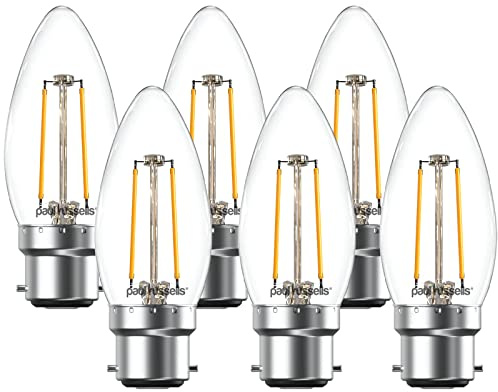 paul russells LED Candle Filament Light – 2.5W 25W Equivalent Replacement, 250LM Lumens, 2700K Warm White, BC B22 Bayonet Cap C35 Bulbs – Bright Energy Saving Non-Dimmable Lamps - Pack of 6
