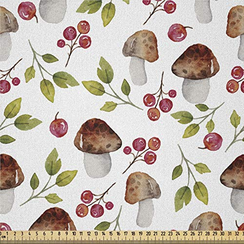 ABAKUHAUS Pilz Microfaser Stoff als Meterware, Wald-Elemente Pilz, Deko Basteln Polsterstoff Textilien, 2M (230x200cm), Weiß Braun Grün