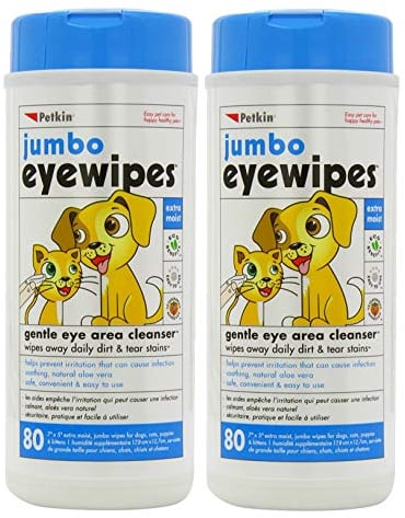 Petkin Jumbo Pet Eye Wipes, 80 Extra Moist Wipes, 2 Pack - Natural Formula Gently Removes Dirt, Discharge, & Tear Stains - Safe, Convenient, & Easy to Use Pet Wipes for Dogs, Cats, Puppies & Kittens