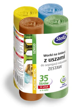 Stella 032174 Müllbeutel mit Henkeln / 35 L Set | 4 x 10 Stück| von Papier Glas Bio Metall/Kunststoffabfällen | Müllsack Mülltüte Abfallsäcke für Den Hausmüll Büro aus dicker LDPE-Regranulatfolie
