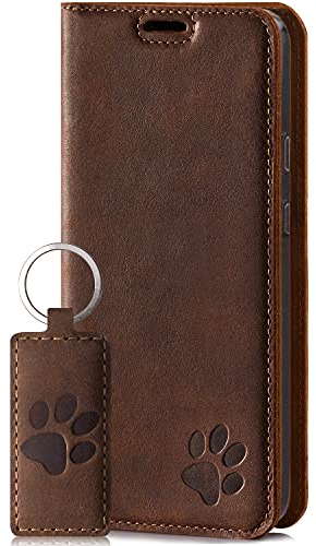 SURAZO Smart Magnet Handyhülle für Apple iPhone 12 & 12 Pro – Premium Echtleder Hülle mit Pfote Motiv - Klapphülle mit [Kartenfach, RFID Schutz] – Schutzhülle Wallet case Handmade in EU (Nussbraun)