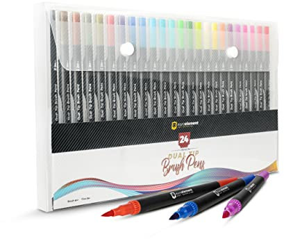 EuroElement Dual Tip Brush Pens Art Supplies of 12/24/48 coloured Art Pens for kids and Adult Colouring Books- Felt Fine Tip for Drawing, Calligraphy