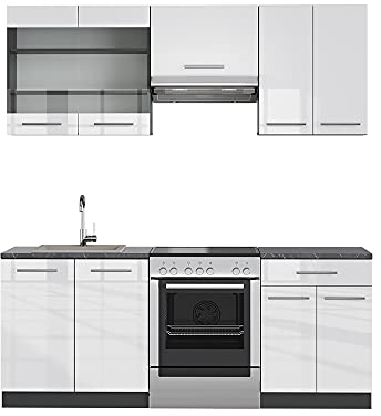 Vicco Küchenzeile Fame-Line, Weiß Hochglanz/Anthrazit, 200 cm ohne Arbeitsplatte