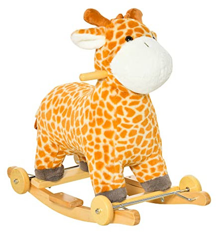 HOMCOM 2 In 1 Kids Todder Rocking Horse Plush Ride On Giraffe Rocker with Wheels Wooden Base Animal Sounds for 3-6 Years