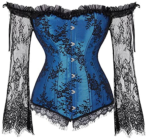 Josamogre Corset Top with Sleeves Bustier Tank Overlay Lace Floral Sexy Costume Renaissance Blue 2XL