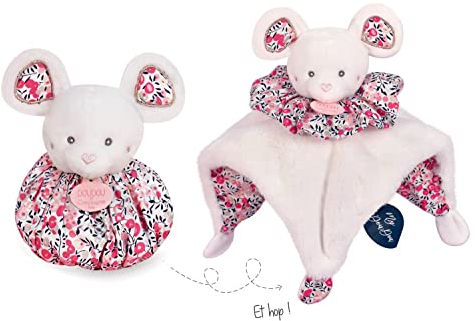 DOUDOU ET COMPAGNIE - Peluche Souris Rose 3 en 1 Réversible : 1 Doudou + 1 Marionnette =1 Petit Sac pour Promener Doudou - 30 cm- Collection Petits Futés - Idée Cadeau- Garantie Doudou Perdu- DC3932