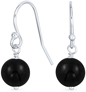 Einfache Schlichte Runde Onyx Perlenkugel Hängeohrringe Mit Französischem Fischhaken Draht Für Frauen Teenager Schwarz.925 Sterlingsilber