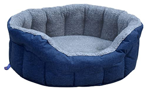 P&L Premium Oval Drop Fronted Bolster Style Heavy Duty Fleece Lined Softee Dog Bed Colour Navy Blue/Silver Size Large—Internal L76cm X W64cm X H24cm / Base Cushion 8cm thickness