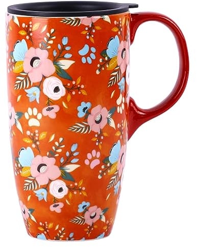 DUSVALLY Ceramic Mug Large Coffee Cup Tall Mugs Porcelain Latte Tea Cup with Lid 17oz,Orange Flower