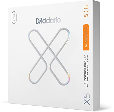 D'Addario Cuerdas para guitarra acústica, XS con revestimiento de bronce fosforado, XSAPB1047-3P, máxima vida útil con tacto suave y tono excepcional, para guitarras de 6 cuerdas, 10-47 extra ligeras,
