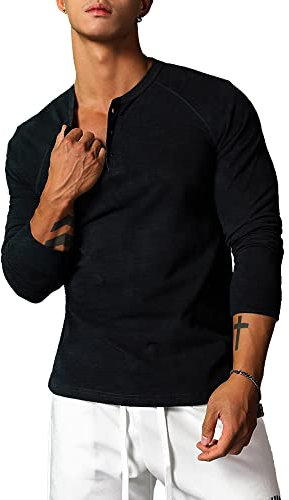 Hombres Slub Henley Camisetas Casual Manga Larga Suave Confort Regular Fit Color Negro Size M