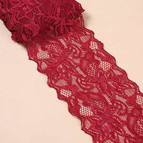 5 Yards Elastizität Spitzenbordüre Spitzenband,8cm Breite Bunte Spitzen-Blumen Borte Dekoband Zierspitze Zierband Spitzenstoff Spitzenborte für Nähen DIY Handwerk Kleidung Unterwäsche,Weinrot