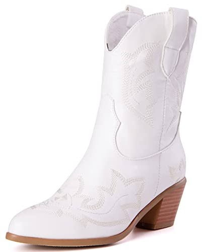 Vrupons Damen Cowboystiefel mit spitzer Zehe und bequemen Blockabsätzen Westernstiefel (Weiß, 38)