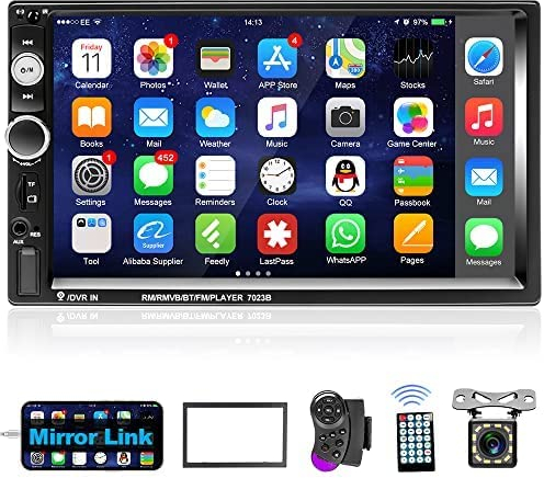 Podofo 2 DIN 7 Pulgadas Radio de Coche con Mirror Link para iOS/Android Bluetooth Radio de Pantalla táctil FM/USB/Control de Volante/AUX-IN+Cámara de visión Trasera