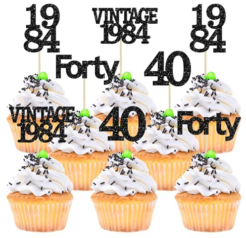 Gyufise 24Pcs Vintage 1985 Cupcake Toppers Glitter Cheers to 40 Fabulous Forty Cupcake Picks 40th Birthday Wedding Anniversary Party Cake Decorations Supplies Black