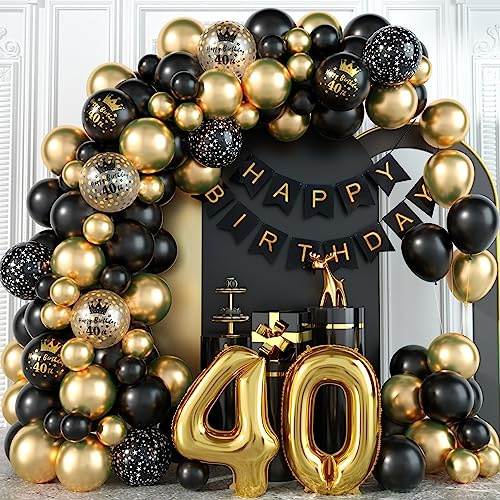40th Black Gold Birthday Decorations for Men Black and Gold Balloons Arch Kit with Number Foil Confetti Balloons Happy Birthday Bunting Banner Wedding Anniversary Party Decor for 40 Years Old Women