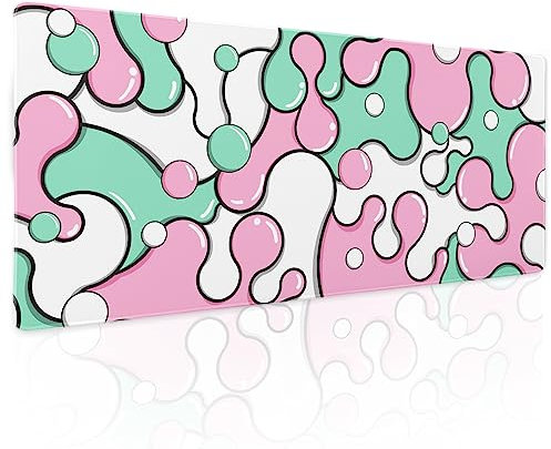 aportt Tapis de souris motif dessin animé géométrique japonais avec base en caoutchouc antidérapant et bords cousus - Taille XL - 80 x 30 cm - Rose vert
