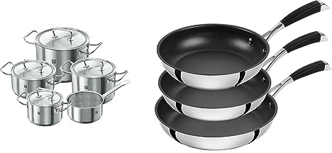 ZWILLING Set de 5 Casseroles, 4 Couvercles, Adapté à la Chaleur à Induction, Argenté 18/10, série Twin & set de 3 poêles avec revêtement antiadhésif 4 couches, Inox 18/10, 20 cm + 24 cm + 28 cm