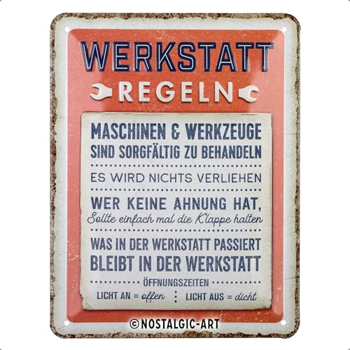 Nostalgic-Art Retro Blechschild, 15 x 20 cm, Werkstattregeln – Geschenk-Idee für Handwerker, aus Metall, Werkstatt-Deko im Vintage Design mit Spruch, Blechschilder Sprüche