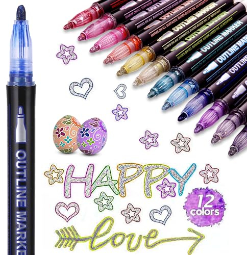 TIDEVAN Magische Stifte 12 Farben Glitzerstifte Metallic Zauberstift Outline Marker für Scrapbooking, Adventskalender Mädchen Kinder, Geschenke für Mädchen, Basteln Mädchen Geschenke 4-12 jahre