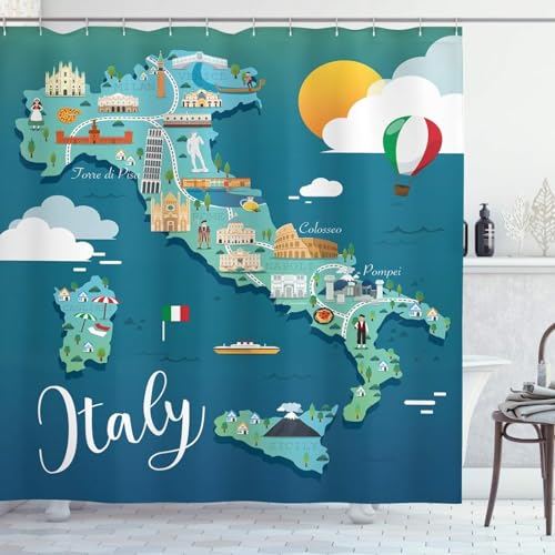 Duschvorhang 120x200 cm Italien Duschvorhänge 3D Italien Shower Curtains Textil Anti Schimmel Wasserdicht Dusch Vorhang für Badewanne Polyester Stoff Waschbar Bad Vorhang mit 8 Haken